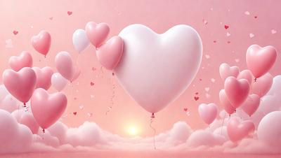 The primary subject of the image is a heart-shaped balloon, which is floating in a pink cloudy sky. The setting is a whimsical and romantic atmosphere, with the heart balloon being the focal point. The visual style is a combination of digital art and illustration, creating a vibrant and imaginative scene. The colors and mood are predominantly pink, which adds to the overall warm and loving ambiance of the image.