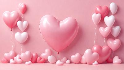 The primary subject of the image is a pink heart-shaped balloon. The setting is a pink wall, and the visual style is a photo. The colors and mood of the image are predominantly pink, creating a warm and romantic atmosphere.