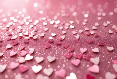 The primary subject of the image is a close-up of a pink surface covered with glittery hearts. The hearts are scattered all over the surface, creating a visually appealing and playful scene. The setting appears to be a pink background, which adds to the overall mood of the image. The visual style of the image is a close-up of the hearts, emphasizing their details and texture. The colors and mood of the image are predominantly pink, which gives it a warm and inviting atmosphere