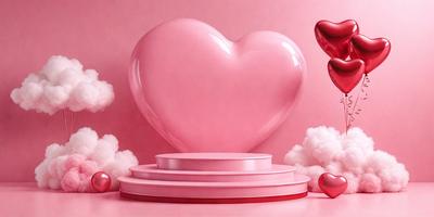The primary subject of the image is a large, heart-shaped glass sculpture. The setting is a pink background, which complements the heart's color. The visual style is a combination of photo and digital art, creating a unique and eye-catching display. The colors and mood of the image are predominantly pink, which adds a sense of warmth and love to the scene.