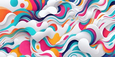 The primary subject of the image is a colorful, abstract artwork featuring a mix of blue, pink, yellow, and orange colors. The setting is a wall, and the visual style appears to be a combination of digital art and illustration. The artwork creates a vibrant and lively atmosphere, with the colors and patterns creating a sense of movement and energy.