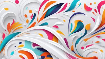 The primary subject of the image is a colorful, abstract design featuring a mix of blue, orange, and pink colors. The design appears to be a combination of a painting and a paper cutout. The setting is a white background, which provides a clean and uncluttered look to the artwork. The visual style is a mix of digital art and traditional painting, creating a unique and eye-catching piece. The colors and mood of the image are vibrant and lively, evoking a sense of joy and