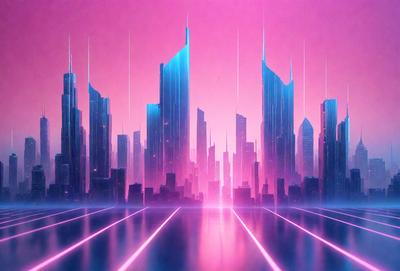 The primary subject of the image is a futuristic cityscape with tall buildings and a pink sky. The setting is a city with skyscrapers, and the visual style is a digital art or illustration. The colors and mood of the image are predominantly pink, creating a unique and vibrant atmosphere.