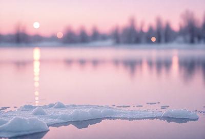 The primary subject of the image is a frozen lake with a beautiful sunset in the background. The setting is a serene winter landscape, with the sun casting a warm glow over the snow-covered lake. The visual style is a realistic representation of the scene, capturing the natural beauty of the winter landscape. The colors and mood of the image are predominantly cold and tranquil, with the warm hues of the sunset contrasting against the white snow.