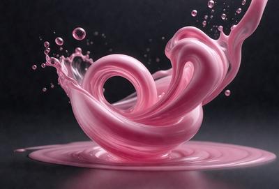 The primary subject of the image is a pink liquid, possibly a sauce or a frosting, that is being poured into a bowl. The setting is a dark background, which contrasts with the pink liquid. The visual style appears to be a combination of a photo and digital art, as the pink liquid is depicted in a somewhat surreal manner. The colors and mood of the image are predominantly pink, creating a warm and inviting atmosphere.