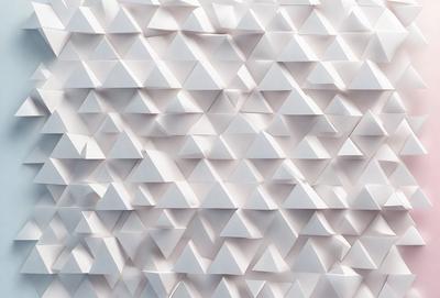 The primary subject of the image is a large white wall with a pattern of triangles. The setting is a white room, and the visual style appears to be a combination of digital art and illustration. The dominant colors are white and gray, creating a clean and minimalist atmosphere.