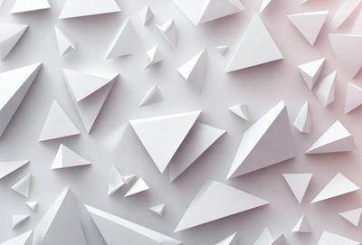 The primary subject of the image is a large white wall with a pattern of triangles. The setting is a white room, and the visual style is a combination of digital art and illustration. The dominant colors are white and gray, creating a clean and minimalist atmosphere.