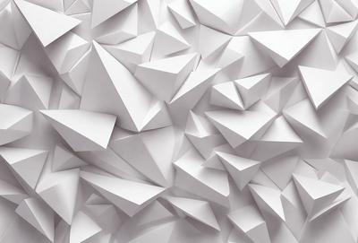 The primary subject of the image is a large white wall covered with a pattern of white triangles. The setting is a white room, and the visual style appears to be a combination of digital art and illustration. The dominant colors are white, and the overall atmosphere is clean and minimalistic.