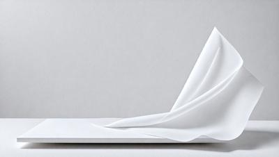 The primary subject of the image is a white paper, which is folded into a unique shape. The paper is placed on a white surface, giving it a clean and minimalist appearance. The visual style of the image is a combination of a photo and digital art, as the paper is carefully crafted and the background is white. The colors and mood of the image are predominantly white, giving it a calm and serene atmosphere.