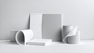 The primary subject of the image is a collection of white paper, including a box, a book, and a folder. The setting is a white background, which creates a clean and minimalist appearance. The visual style is a combination of photo and digital art, as the paper appears to be realistic yet has a slightly artificial quality. The colors and mood are predominantly white, giving the image a calm and organized feel.