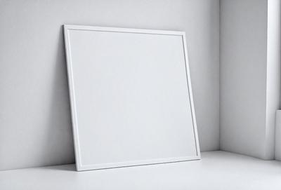 The primary subject of the image is a white square frame, which is placed on a white surface. The setting is a white wall, and the visual style is a photo. The colors and mood of the image are predominantly white, giving it a clean and minimalist appearance.