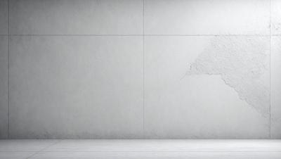 The primary subject of the image is a white wall with a large crack in it. The setting is a room with a concrete wall, and the visual style is a photo. The colors and mood of the image are predominantly white, giving it a clean and minimalist appearance.