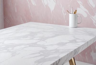 The primary subject of the image is a white marble table with a patterned design. The table is placed on a gold base, and it is situated in a room with a pink wall. The setting appears to be a modern and stylish interior. The visual style of the image is a combination of photo and digital art, creating a unique and eye-catching design. The colors and mood of the image are predominantly white and pink, giving it a clean and elegant appearance.