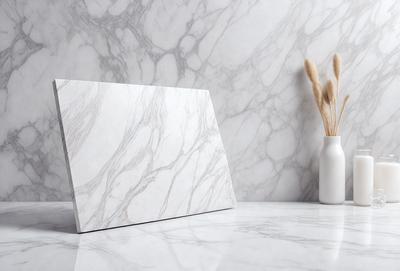 The primary subject of the image is a white marble countertop. The setting is a bathroom, with a marble wall and a marble countertop. The visual style is a photo, capturing the natural beauty of the marble surface. The colors and mood of the image are predominantly white, giving it a clean and elegant appearance.