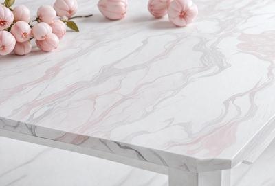 The primary subject of the image is a dining table with a marble top. The table is set with a few pink flowers, creating a visually appealing and elegant atmosphere. The setting is a dining area, and the visual style is a realistic representation of the table and flowers. The colors and mood of the image are predominantly pink, which adds a touch of warmth and sophistication to the scene.