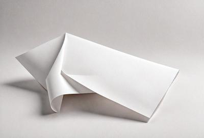 The primary subject of the image is a white piece of paper. The paper is folded in half, creating a creased appearance. The setting is a white background, which provides a clean and minimalistic look. The visual style is a close-up of the paper, showcasing its texture and details. The colors and mood of the image are predominantly white, giving it a simple and elegant appearance.