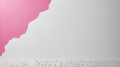 The primary subject of the image is a white wall with a pink stripe. The setting is a room with a wooden floor. The visual style is a painting, and the colors and mood are predominantly pink and white.
