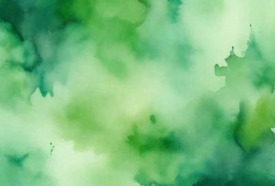 The primary subject of the image is a green, watercolor-like painting of a forest. The setting is a lush, green environment with trees and foliage. The visual style is a watercolor painting, which gives the image a unique, artistic appearance. The dominant colors are green, with some shades of blue and yellow, creating a serene and natural atmosphere.