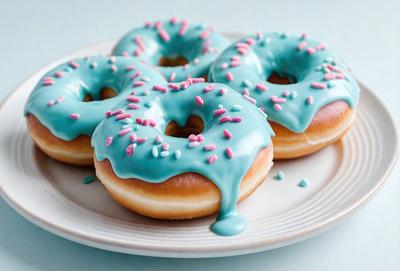 The primary subject of the image is a plate with three donuts on it. The donuts are covered in blue frosting and have pink sprinkles on top. The setting is a table, and the visual style appears to be a photo. The colors and mood of the image are vibrant and cheerful, with the blue frosting and pink sprinkles creating a fun and playful atmosphere.