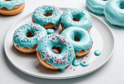 The primary subject of the image is a plate with a variety of frosted donuts. The donuts are arranged in a visually appealing manner, with some of them having a blue frosting. The setting is a white surface, which provides a clean and simple backdrop for the donuts. The visual style of the image is a close-up of the donuts, showcasing their colors and textures. The dominant colors in the image are blue and white, creating a cool and refreshing atmosphere.