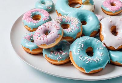 The primary subject of the image is a plate filled with various colored donuts. The plate is placed on a white surface, which adds to the clean and simple presentation of the donuts. The donuts come in different shades of blue, pink, and white, creating a visually appealing and colorful display. The overall atmosphere of the image is cheerful and inviting, as the donuts are presented in an appetizing manner.