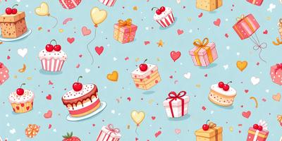 The primary subject of the image is a collection of cakes and cupcakes, which are the main objects in the scene. The setting is a blue background, and the visual style is a combination of digital art and illustration. The colors and mood of the image are predominantly pink and cheerful, with the cupcakes and cakes being the main focus of the scene.