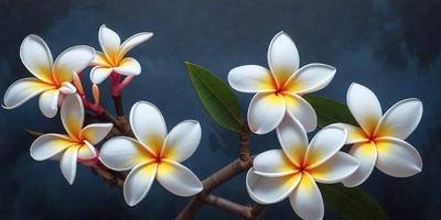 The primary subject of the image is a bouquet of white flowers, with a total of six flowers in various positions. The flowers are arranged on a branch, creating a beautiful and natural scene. The setting is a blue background, which adds a sense of depth and contrast to the image. The visual style is a close-up of the flowers, showcasing their details and beauty. The colors and mood of the image are predominantly white and serene, evoking a sense of tranquility and elegance.