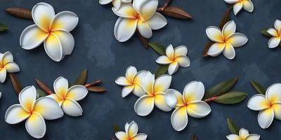 The primary subject of the image is a bouquet of white flowers, which are the main objects in the scene. The flowers are arranged in a visually appealing manner, creating a sense of beauty and elegance. The setting is a blue surface, which serves as a striking backdrop for the flowers. The visual style of the image is a combination of photo and digital art, resulting in a high-quality and detailed representation of the flowers. The colors and mood of the image are predominantly white and serene, evoking a