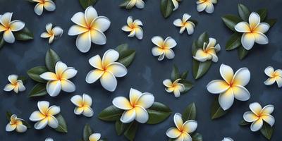 The primary subject of the image is a close-up of a white flower with yellow petals. The flower is surrounded by a backdrop of other white flowers, creating a visually appealing and serene scene. The visual style of the image is a combination of photo and digital art, with the flowers appearing to be painted on a blue surface. The dominant colors in the image are white and yellow, giving it a fresh and lively atmosphere.