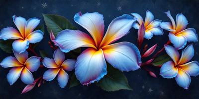 The primary subject of the image is a beautiful flower with a vibrant blue and orange color scheme. The flower is displayed against a blue background, which adds to the overall mood of the image. The visual style of the image is a combination of photo and digital art, creating a stunning and realistic representation of the flower. The colors and mood of the image are lively and cheerful, making it an eye-catching and uplifting piece of art.