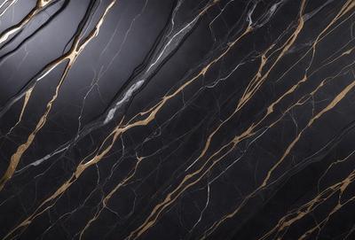 The primary subject of the image is a marble countertop with a gold-colored pattern. The setting is a kitchen, and the visual style is a close-up of the marble countertop. The colors and mood of the image are predominantly black and gold, giving it a luxurious and elegant appearance.