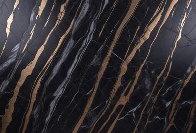 The primary subject of the image is a marble countertop with a gold stripe. The setting is a kitchen, and the visual style is a close-up of the marble countertop. The colors and mood of the image are predominantly black and gold, giving it a luxurious and elegant appearance.