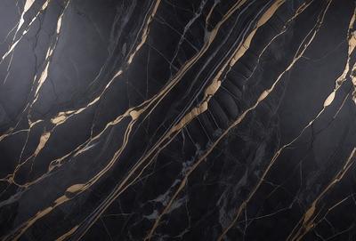 The primary subject of the image is a marble countertop with a gold-colored pattern. The setting is a kitchen, and the visual style is a close-up of the marble countertop. The colors and mood of the image are predominantly black and gold, giving it a luxurious and elegant appearance.