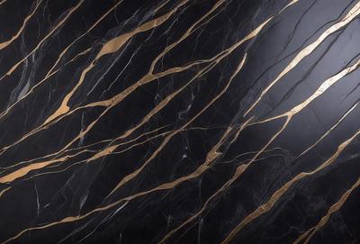 The primary subject of the image is a black marble wall with gold accents. The setting is a room with a black background, and the visual style is a close-up of the marble wall. The dominant colors are black and gold, creating a luxurious and elegant atmosphere.
