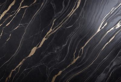 The primary subject of the image is a marble countertop with a gold pattern. The setting is a kitchen, and the visual style is a close-up of the marble countertop. The colors and mood of the image are predominantly black and gold, giving it a luxurious and elegant appearance.