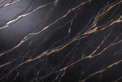The primary subject of the image is a marble countertop with a gold-colored pattern. The setting is a kitchen, and the visual style is a close-up of the marble countertop. The colors and mood of the image are predominantly black and gold, giving it a luxurious and elegant appearance.