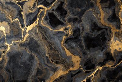 The primary subject of the image is a close-up of a marble countertop with a gold and black pattern. The setting is a kitchen or bathroom counter, and the visual style is a photo. The dominant colors are gold and black, creating a luxurious and elegant atmosphere.