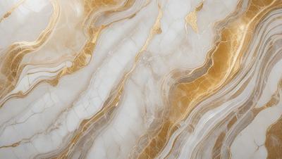 The primary subject of the image is a marble wall with a gold-colored pattern. The setting is a room with a white marble floor. The visual style is a close-up of the marble wall, showcasing its intricate design. The colors and mood of the image are predominantly white and gold, creating a luxurious and elegant atmosphere.
