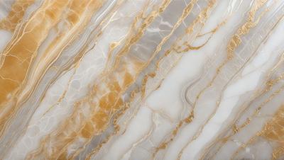 The primary subject of the image is a marble wall with a gold and white color scheme. The setting is a room with a marble floor, and the visual style is a close-up of the marble wall. The colors and mood of the image are elegant and luxurious, with the gold and white tones creating a sophisticated and refined atmosphere.