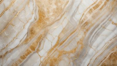 The primary subject of the image is a marble countertop with a gold and white color scheme. The setting is a kitchen, and the visual style is a close-up of the marble countertop. The colors and mood of the image are warm and elegant, with the gold and white marble creating a luxurious and sophisticated atmosphere.