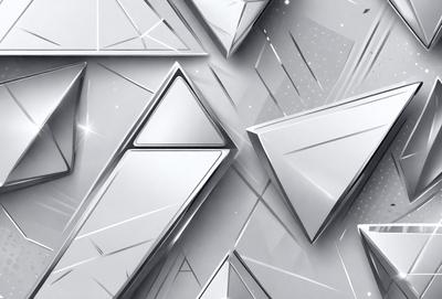 The primary subject of the image is a close-up of a silver triangle. The setting is a white background, which creates a clean and minimalist visual style. The triangle is the main focus of the image, and its reflective surface adds a sense of depth and dimension to the scene. The overall atmosphere is modern and sleek, with the silver triangle serving as a striking and eye-catching design element.