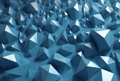 The primary subject of the image is a large number of blue geometric shapes, which are arranged in a dense and intricate pattern. The setting is a blue background, which provides a striking contrast to the shapes. The visual style of the image is a combination of digital art and illustration, creating a unique and captivating design. The dominant colors in the image are blue and silver, giving the scene a modern and sophisticated atmosphere.