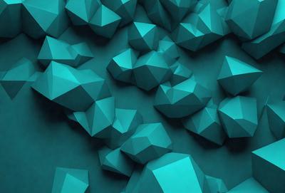The primary subject of the image is a large number of blue geometric shapes, which are arranged in a visually appealing manner. The setting is a blue background, which complements the vibrant colors of the shapes. The visual style is a combination of digital art and illustration, creating a unique and eye-catching design. The dominant colors are blue and green, giving the image a calming and soothing atmosphere.