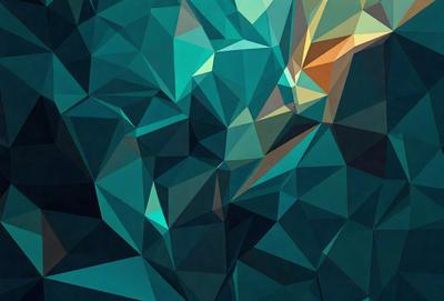 The primary subject of the image is a close-up of a geometric pattern, possibly a painting or a digital artwork. The setting is a dark blue background, which contrasts with the geometric pattern. The visual style appears to be a combination of digital art and illustration, creating a unique and intricate design. The dominant colors in the image are blue and green, giving the scene a calm and serene atmosphere.