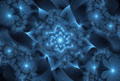 The primary subject of the image is a blue and white flower, which is the main object, scene, or focus of the image. The setting or background features a blue and white pattern, which adds to the overall visual style. The image appears to be a digital art or illustration, as it is not a photo or a clipart. The dominant colors in the image are blue and white, creating a calm and serene atmosphere.