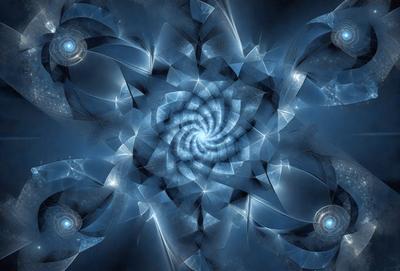 The primary subject of the image is a blue spiral pattern, which is the main object, scene, or focus of the image. The setting or background features a blue and white pattern, which adds to the visual style of the image. The overall atmosphere is one of intricacy and beauty, as the spiral pattern is the dominant color and the main subject of the image.