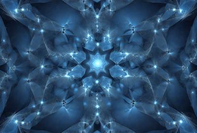 The primary subject of the image is a blue and white star pattern. The setting is a blue background, and the visual style appears to be a digital art or illustration. The colors and mood of the image are predominantly blue and white, creating a calm and serene atmosphere.