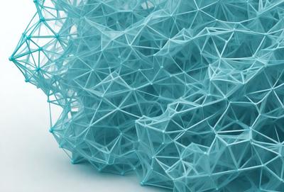 The primary subject of the image is a large, blue, three-dimensional structure made of plastic. The structure is composed of numerous small, blue, interconnected pieces, giving it a unique and intricate appearance. The setting is a white background, which provides a clean and uncluttered environment for the viewer to focus on the structure. The visual style of the image is a combination of digital art and illustration, as the structure appears to be a digital creation, yet it has a hand-drawn, artistic quality.