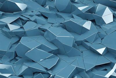 The primary subject of the image is a large pile of blue, white, and grey geometric shapes, which are arranged in a visually appealing manner. The setting is a blue background, which complements the colors of the shapes. The visual style of the image is a combination of photo and digital art, creating a unique and intriguing composition. The dominant colors in the image are blue, white, and grey, which contribute to a calm and serene atmosphere.