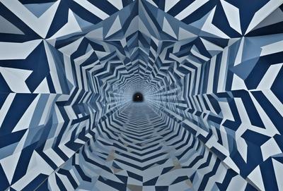The primary subject of the image is a tunnel-like structure with a blue and white pattern. The setting is a dark, narrow passage that appears to be a part of a larger, more complex design. The visual style of the image is a combination of digital art and illustration, creating a unique and intricate pattern. The dominant colors in the image are blue and white, giving the scene a calm and serene atmosphere.